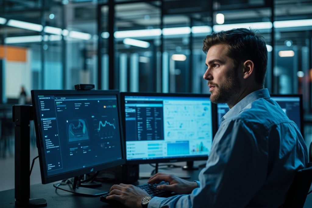 Enterprise AI: инженер за работой с платформой Microsoft Foundry в корпоративном офисе