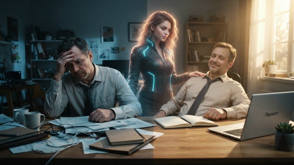 мужчина который устал от работы и мужчина который использует технологии в своем деле