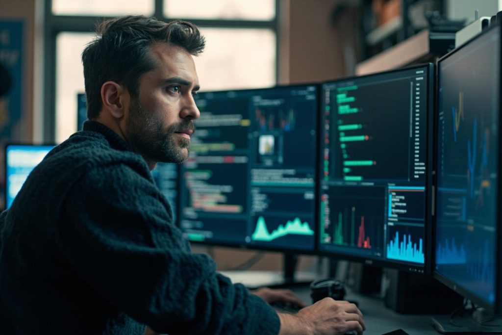 мужчина перед дашбордом работы мультиагентной ИИ системы